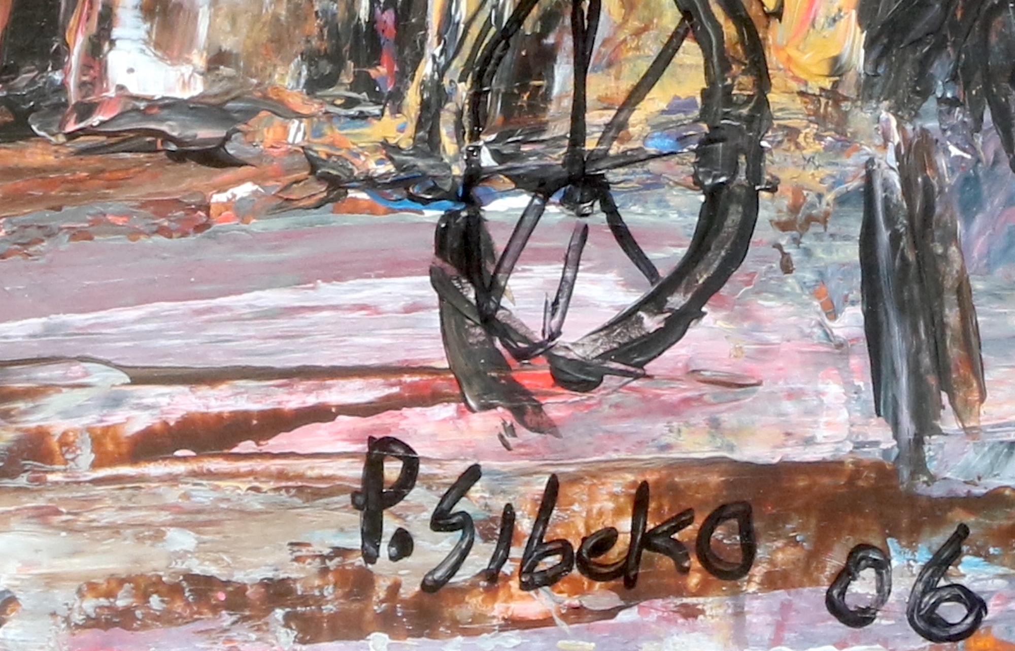 Artwork by Peter Sibeko, VIEW OVER THE TOWNSHIP, Made of oil on paper