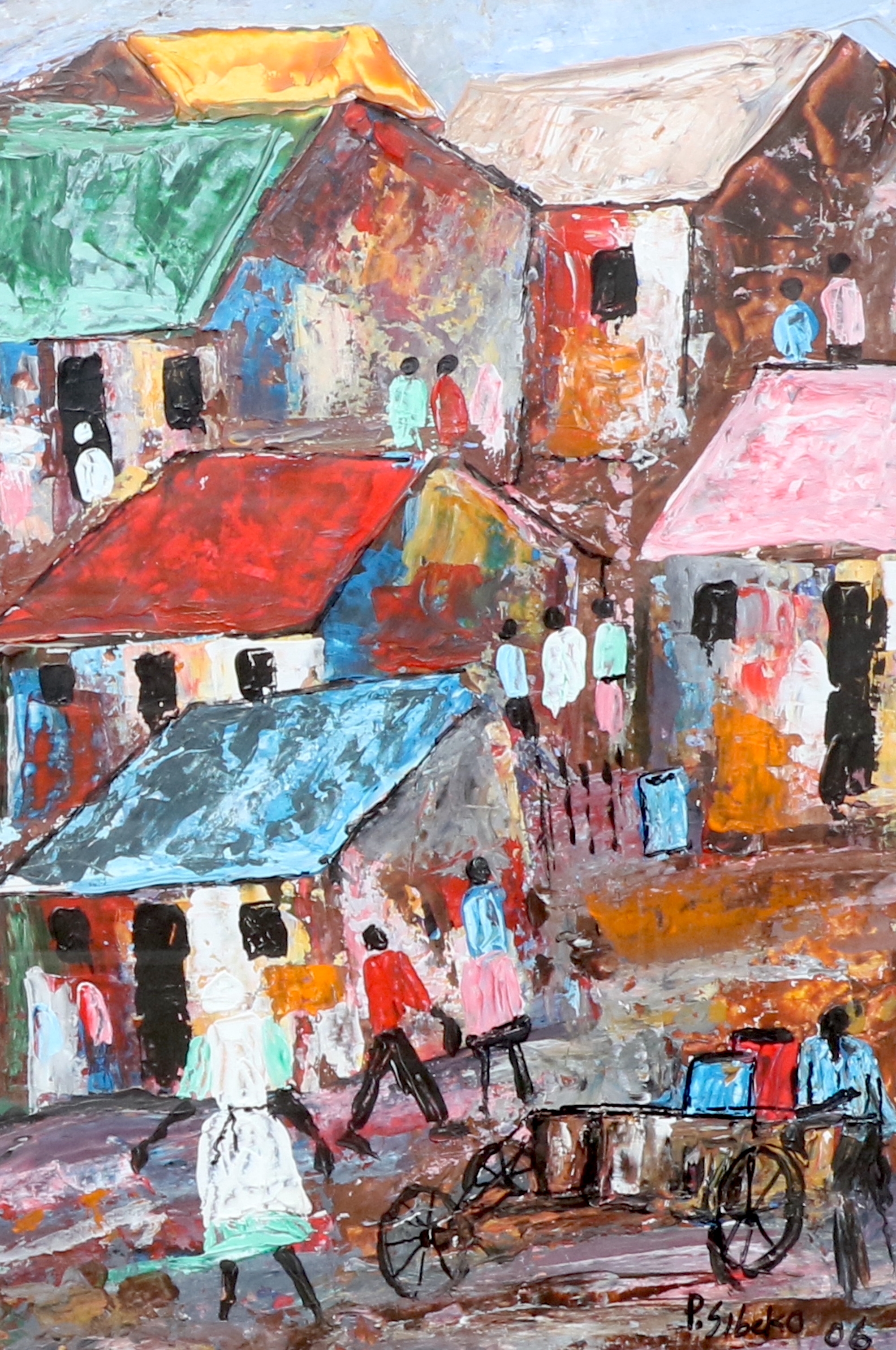 Artwork by Peter Sibeko, VIEW OVER THE TOWNSHIP, Made of oil on paper