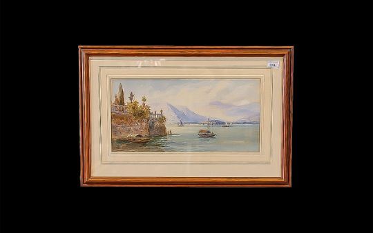 Depicts a scene of Oriental boats with mountains in the background by Edwin St. John