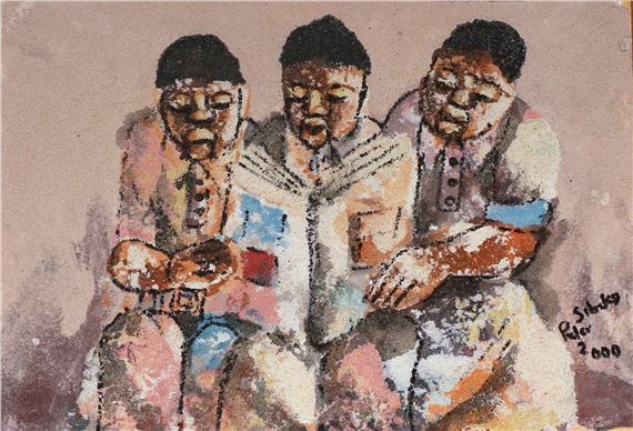 READING THE NEWSPAPER by Peter Sibeko, dated 2000