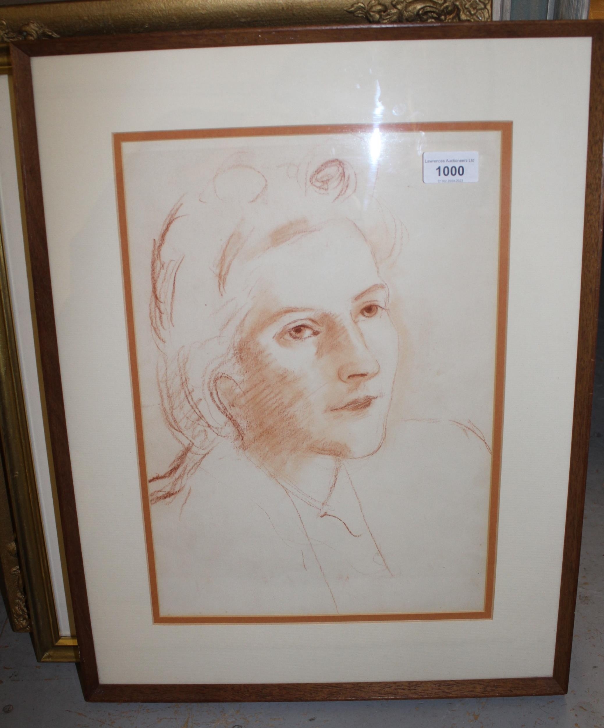 Artwork by Imre Goth, head and shoulder portrait of a lady, Made of red crayon