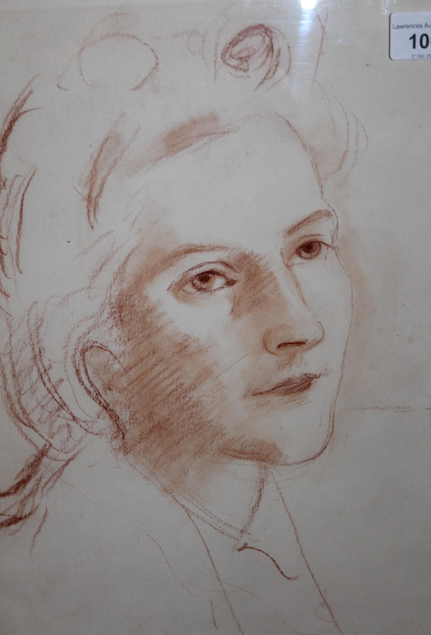 Artwork by Imre Goth, head and shoulder portrait of a lady, Made of red crayon