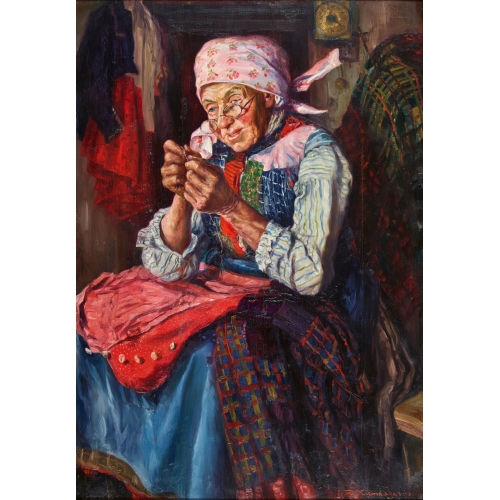 Artwork by Franz Kienmayer, Ältere Frau mit Kopftuch und Brille beim Einfädeln, Made of oil on wood