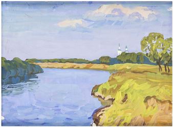 Landscape with river and temple - Anatoliy Ivanovich Kuvin