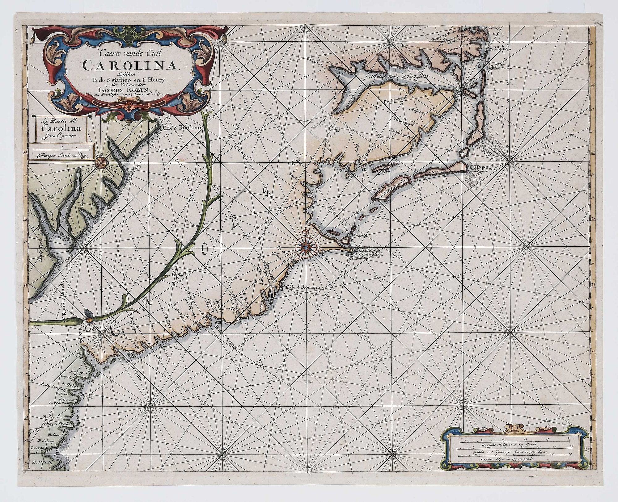 Artwork by Jacobus Robijn, Caerte vande Cust Carolina, Made of engraving on laid paper with hand colored