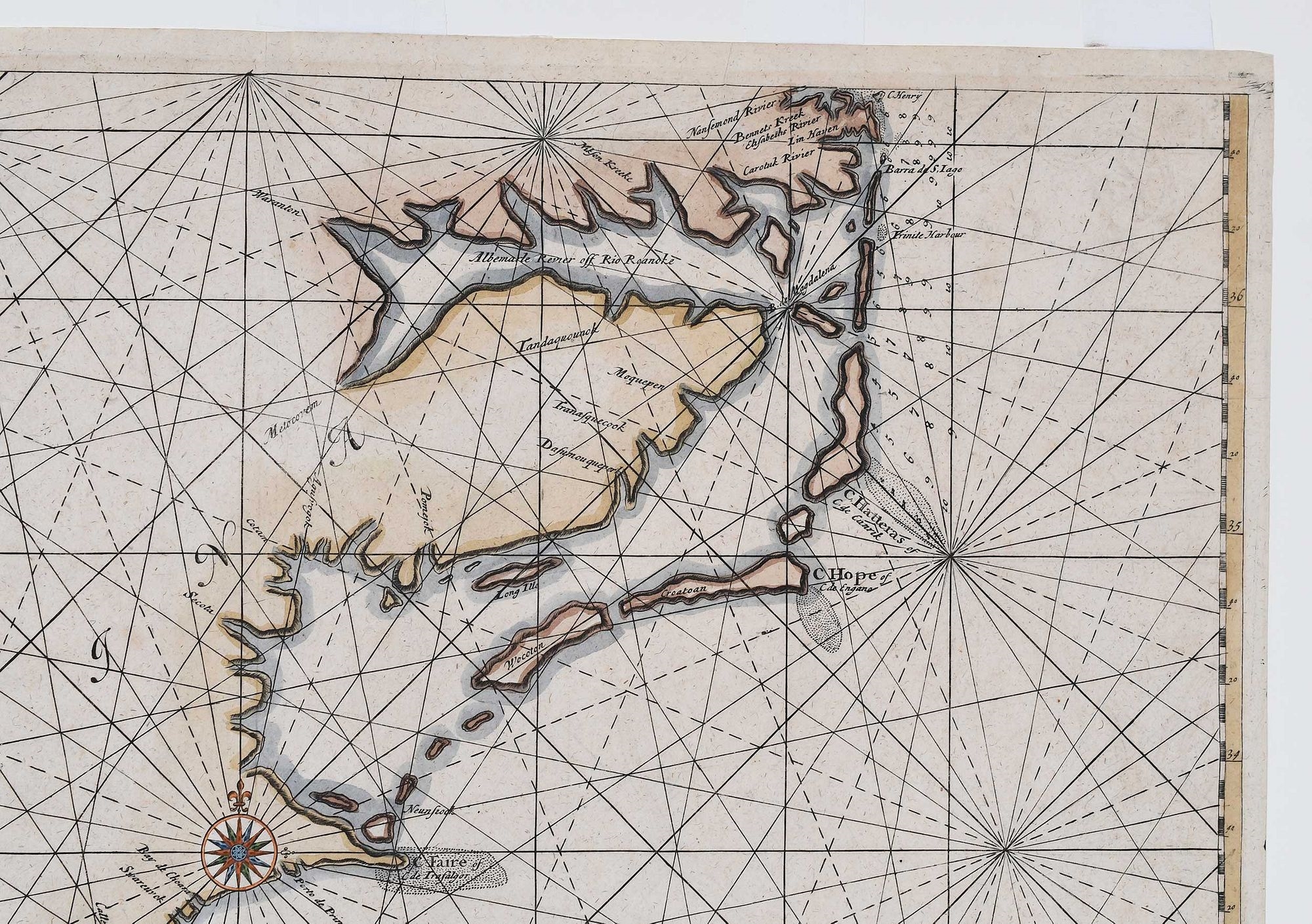 Artwork by Jacobus Robijn, Caerte vande Cust Carolina, Made of engraving on laid paper with hand colored