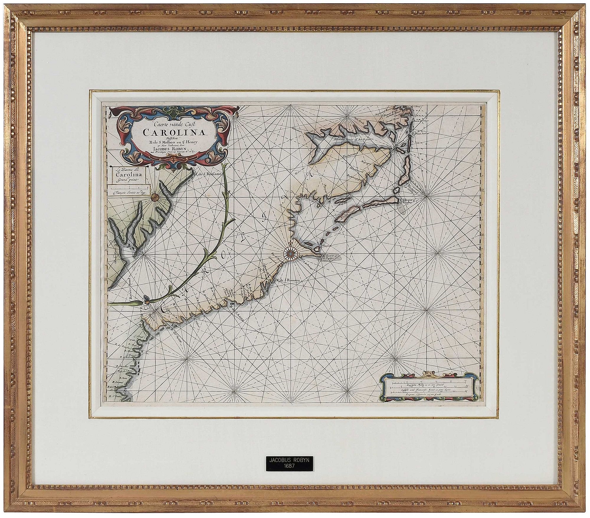 Artwork by Jacobus Robijn, Caerte vande Cust Carolina, Made of engraving on laid paper with hand colored