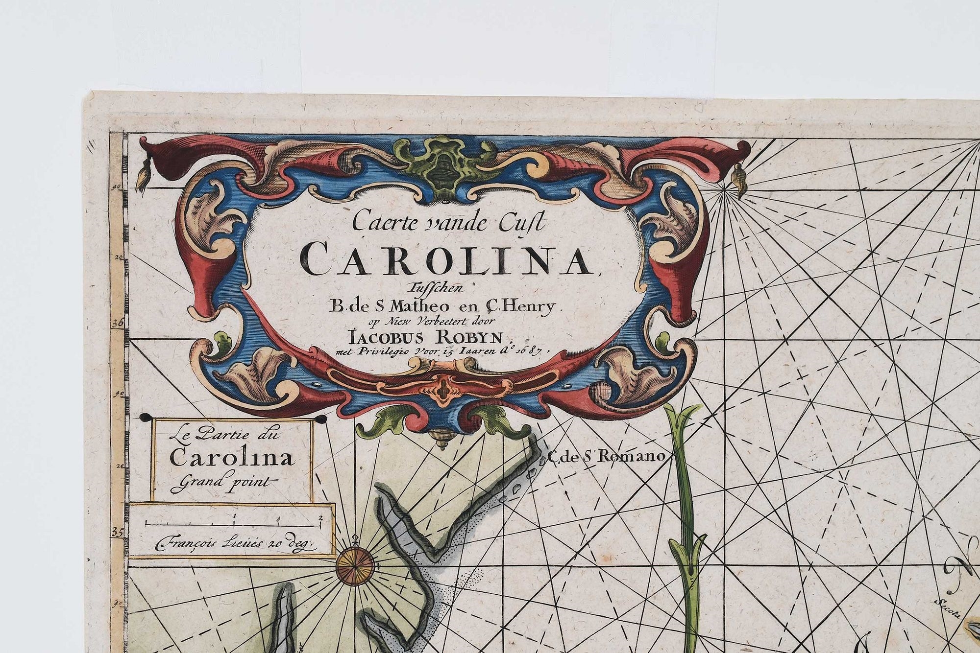 Artwork by Jacobus Robijn, Caerte vande Cust Carolina, Made of engraving on laid paper with hand colored