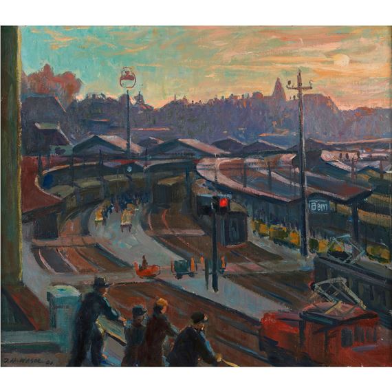 Der Berner Bahnhof im Abendlicht by Heini Waser, (19)60