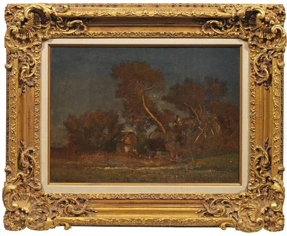 Gehöft unter Bäumen im Abendlicht by Jules Dupré, 1831-1852