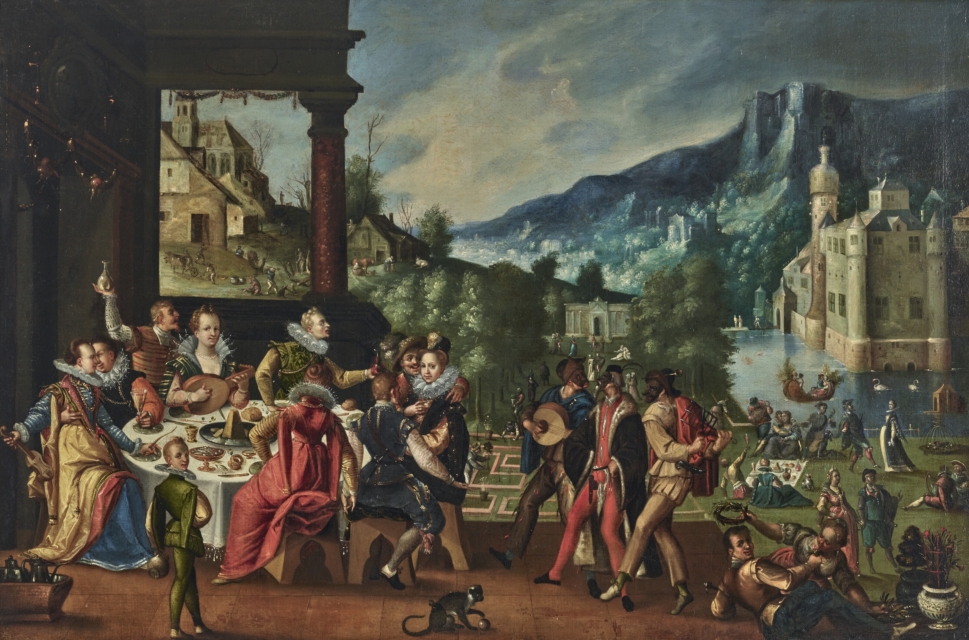 An elegant company at a feast with commedia dell'arte figures, revelers, a landscape with a castle beyond by Prague School, 17th Century, circa 1600
