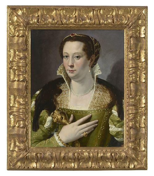 Bartolomeo Passarotti | Portrait of a lady in a green gown and sable ...