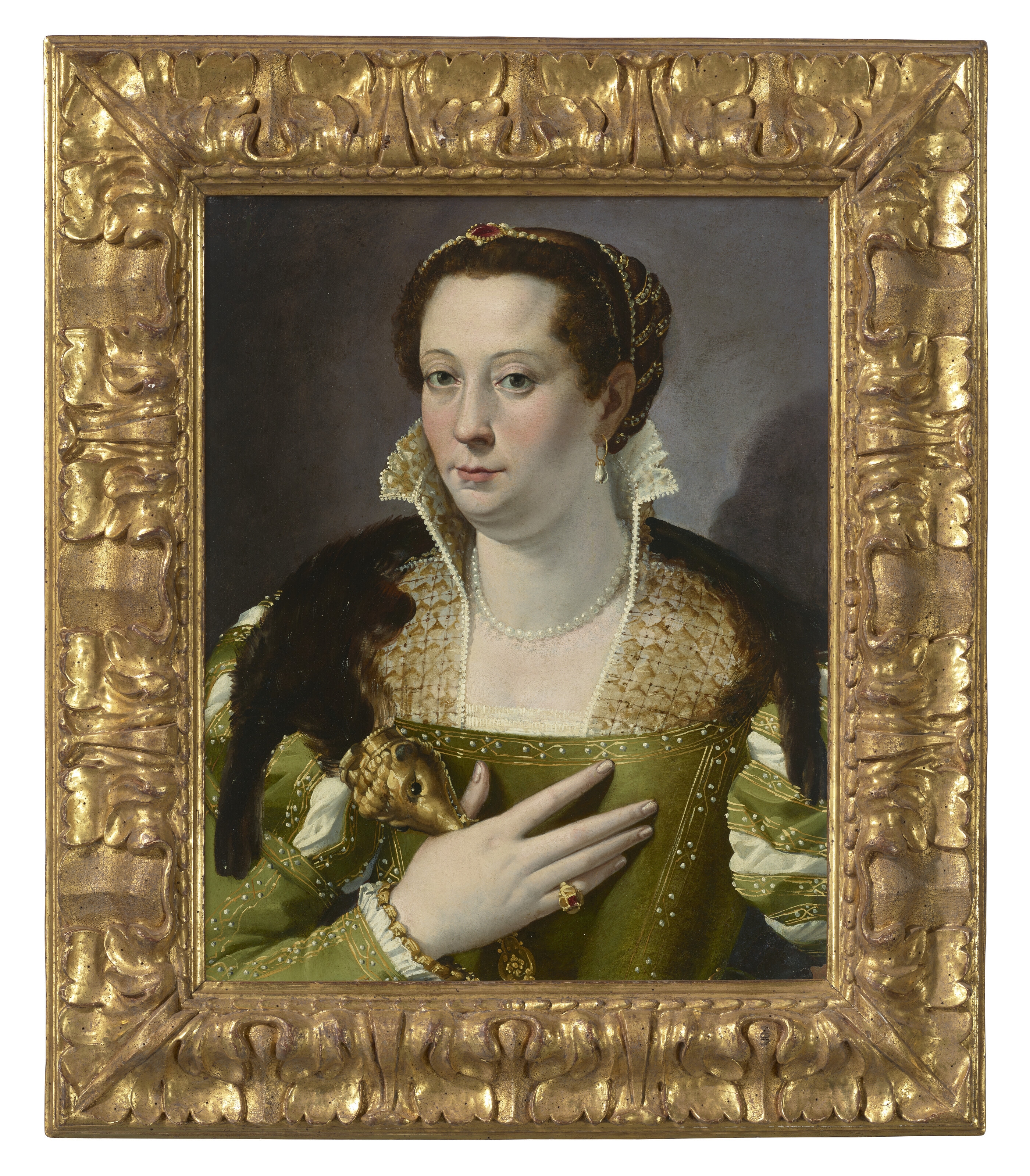 Bartolomeo Passarotti | Portrait of a lady in a green gown and sable ...