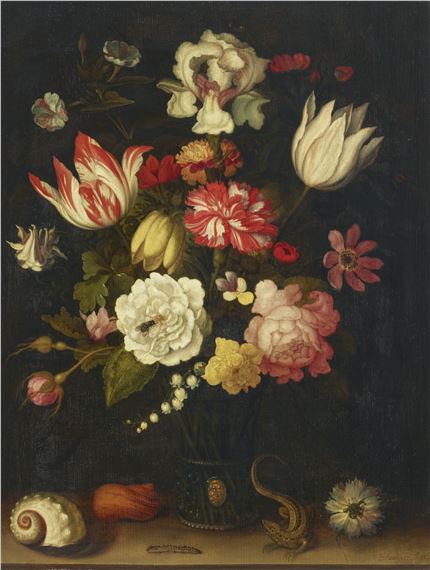 Tulips, carnations, roses and other flowers in a roemer with shells and a lizard on a ledge by Balthasar van der Ast