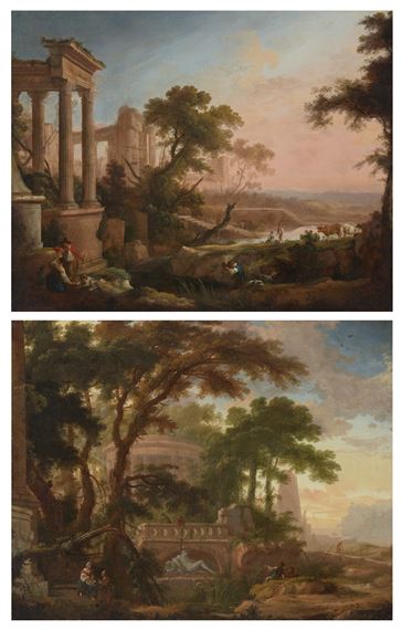 A pair of architectural capriccios, the first known as 'L'Agréable rencontre' by Pierre Antoine Patel, 1705