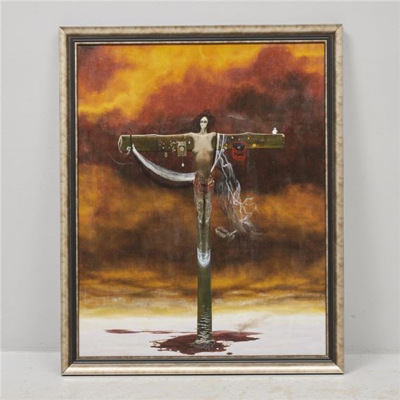 Komposition. Signerad. Olja på pannå by Jerzy Kusmierczyk