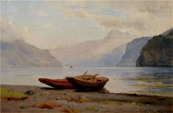 Barques au bord du lac des Quatre-Cantons by Louis-Auguste Veillon