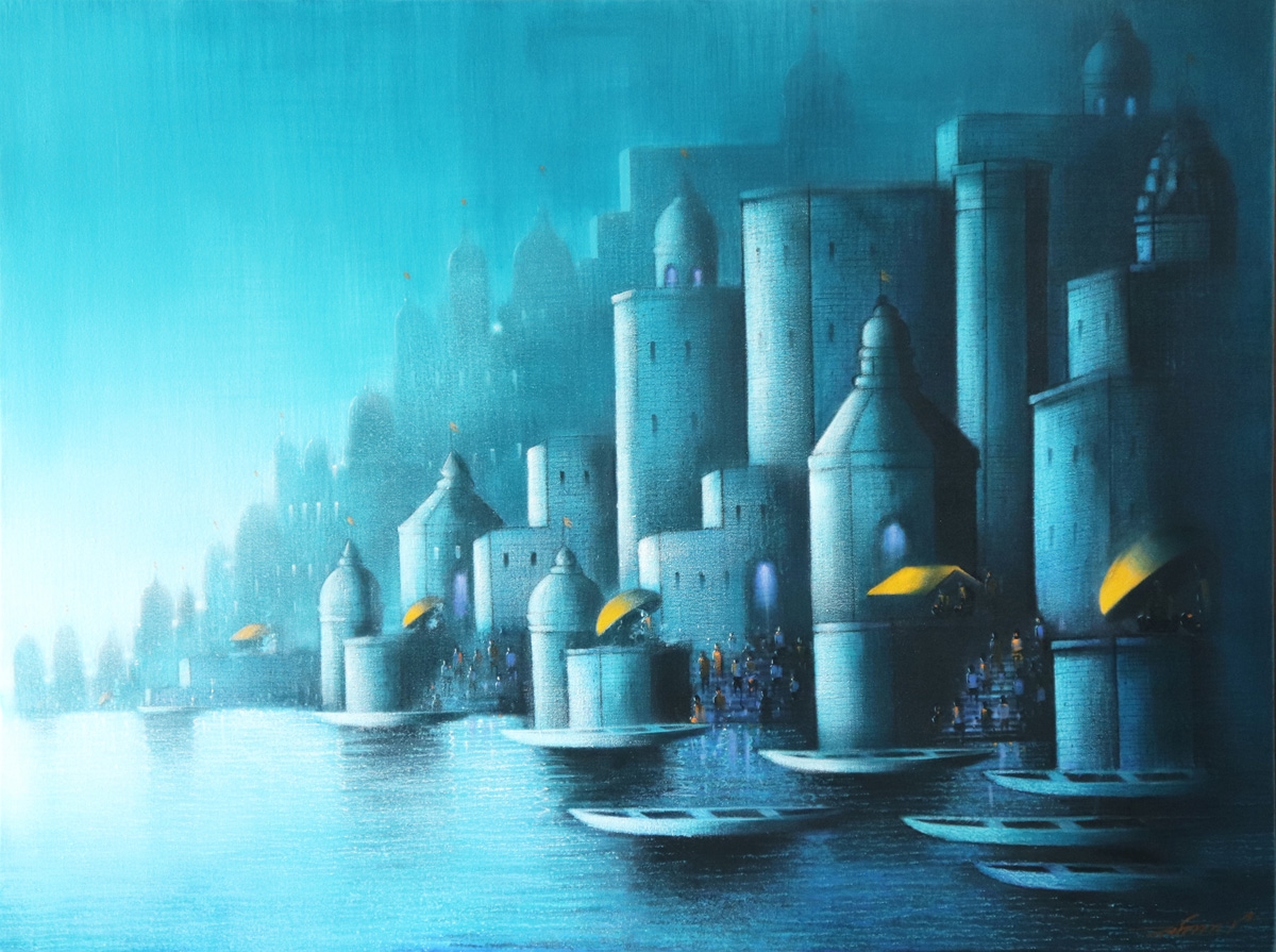 Artwork by Somnath Bothe, Blue Night in Banaras, Made of Acrylic on Canvas