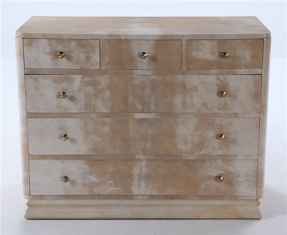 French Art Deco style parchment covered chest of drawers C 1940 in the manner of Samuel Marx. by Samuel A. Marx, circa 1940