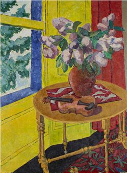 British 1903-1971 -  Still life with flowers and violin ;  oil on board - Archibald Ziegler