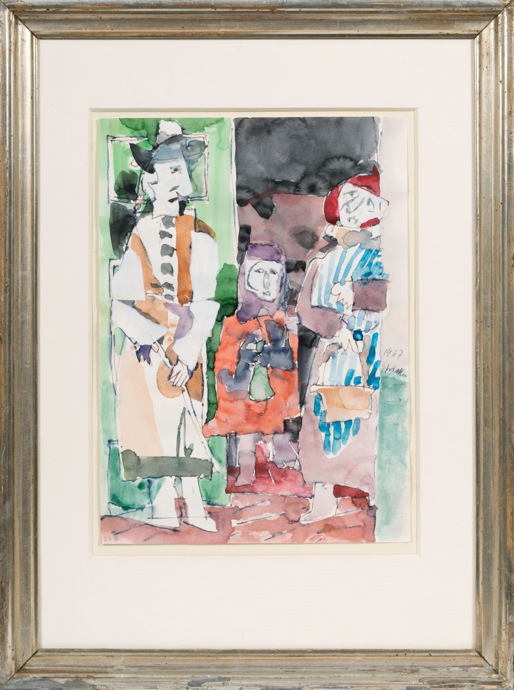 Artwork by Willem Grimm, Three in the Door, Made of Watercolour and collage