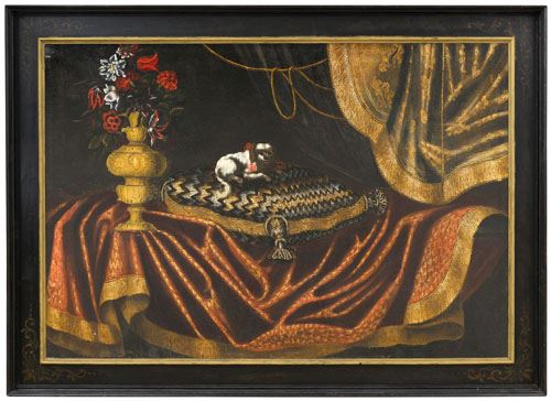 Still life with carpet, vase of flowers and small dog by Antonio Tibaldi