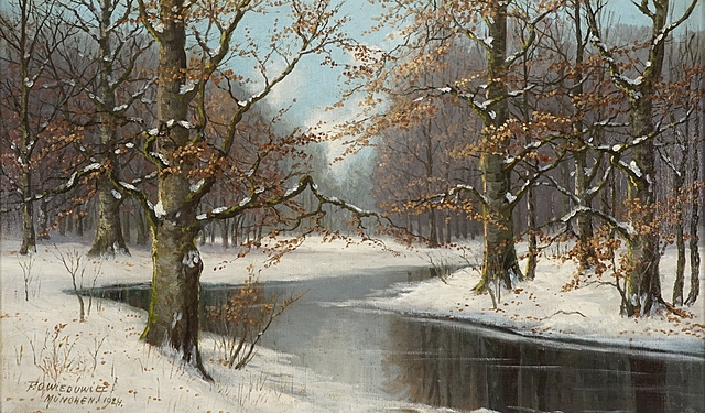 Artwork by Franz Otto Wieduwilt, "Bachlauf im Winterwald", Made of oil