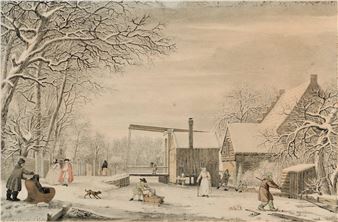 Winterview with skating and walking people near the entrance gate to Loenersloot castle in Baambrugge - Johannes de Bosch