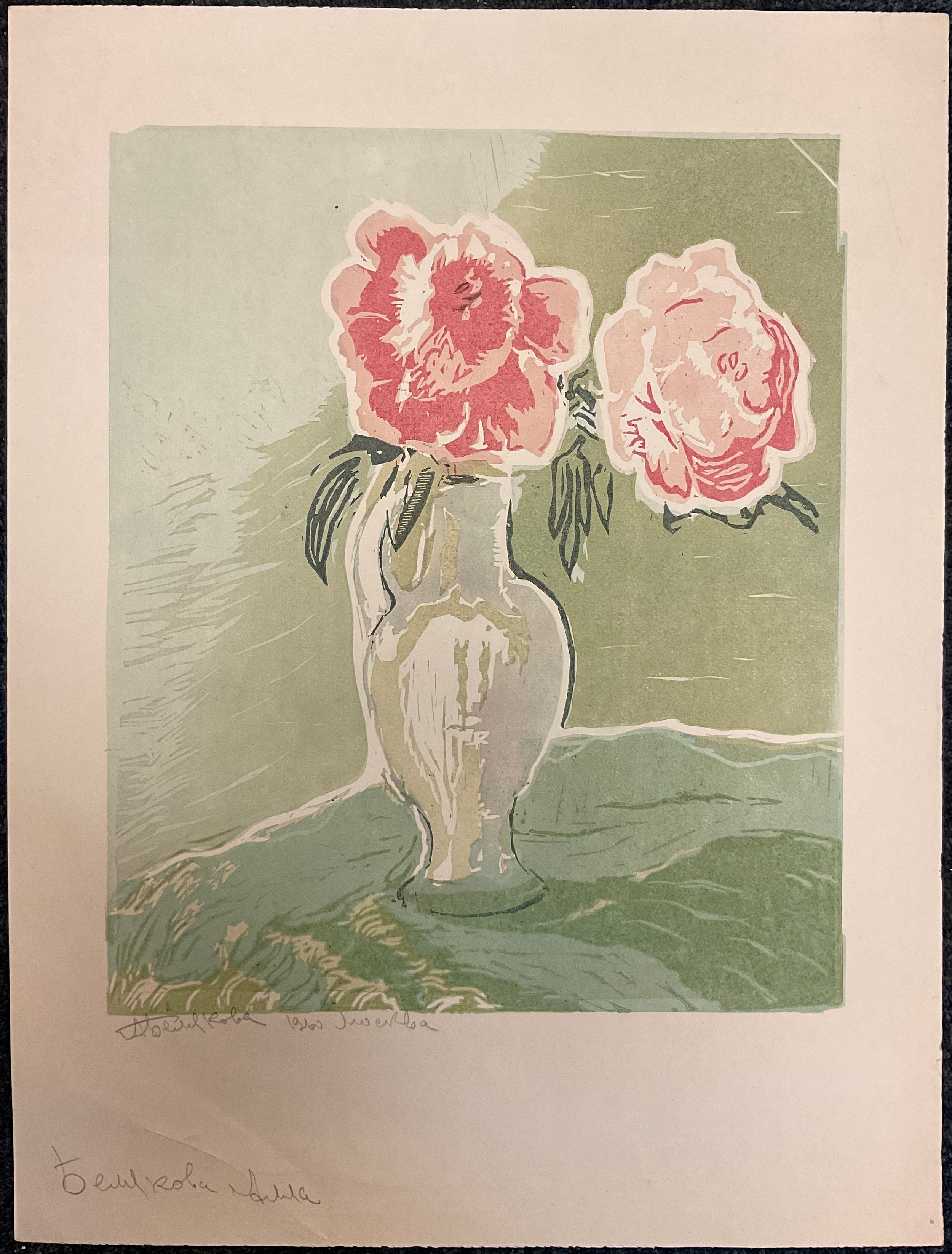 Artwork by Alla Belyakova (russian, 1914 - 2006), Peonies in a Vase,, Made of linocut/woodblock