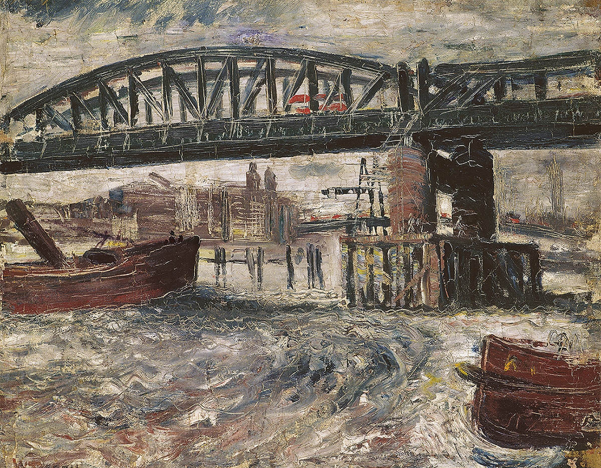 Artwork by William Dobell, Temporary Bridge over Thames, Made of oil on canvas on board