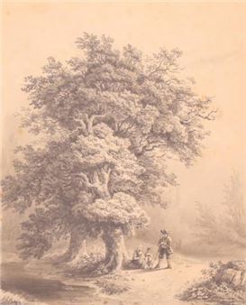 Rustende familie naast een pad bij een boom - Constantinus Cornelis Huysmans