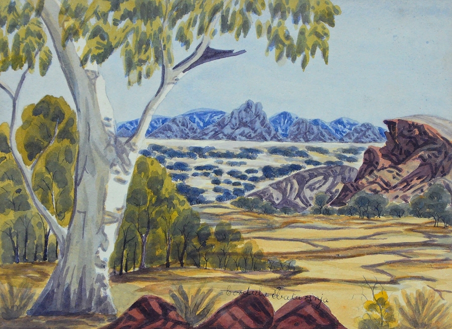 Artwork by Cordula Ebatarinja, Ghost Gums, MacDonnell Ranges, Made of Watercolour