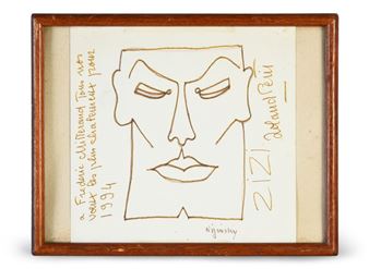 Portrait du danseur russe Vaslav Nijinsky (1889-1950).
Dessin au feutre signé en bas à droite par le chorégraphe et contresigné de Zizi Jeanmaire (1924-2020), adressé à Frédéric Mitterrand à l'occasion du Nouvel An 1994, conservé sous verre dans un encadrement moderne. Bon état.
À vue : H. : 20 cm - L. : 21 cm.
Cadre : H. : 22,5 cm - L. : 28,5 cm. - Roland Petit
