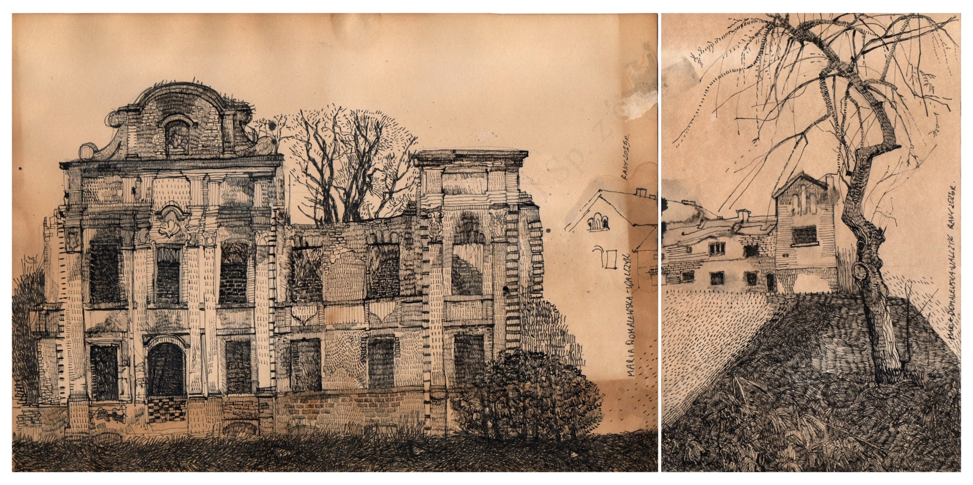 Artwork by Maria Domalewska, Rany-dyptyk, Made of technika mieszana, tusz, papier barwiony