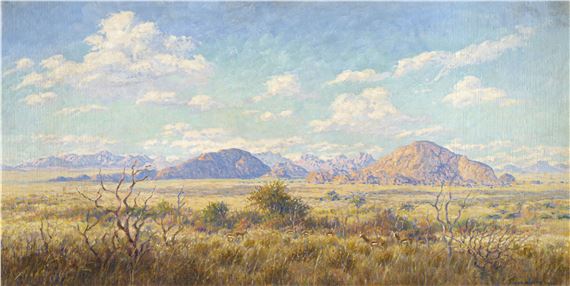 South West African Landscape with Springbok, Bushveld and Mountains by Johannes Blatt, dated 1936