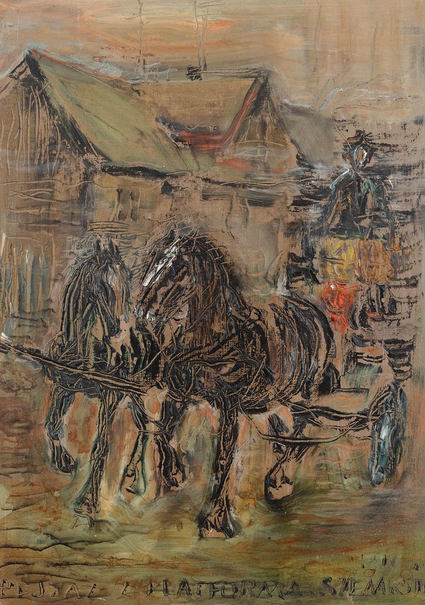 Artwork by Kazimierz Szemioth, PEJZAŻ Z PLATFORMĄ, Made of oil, cardboard
