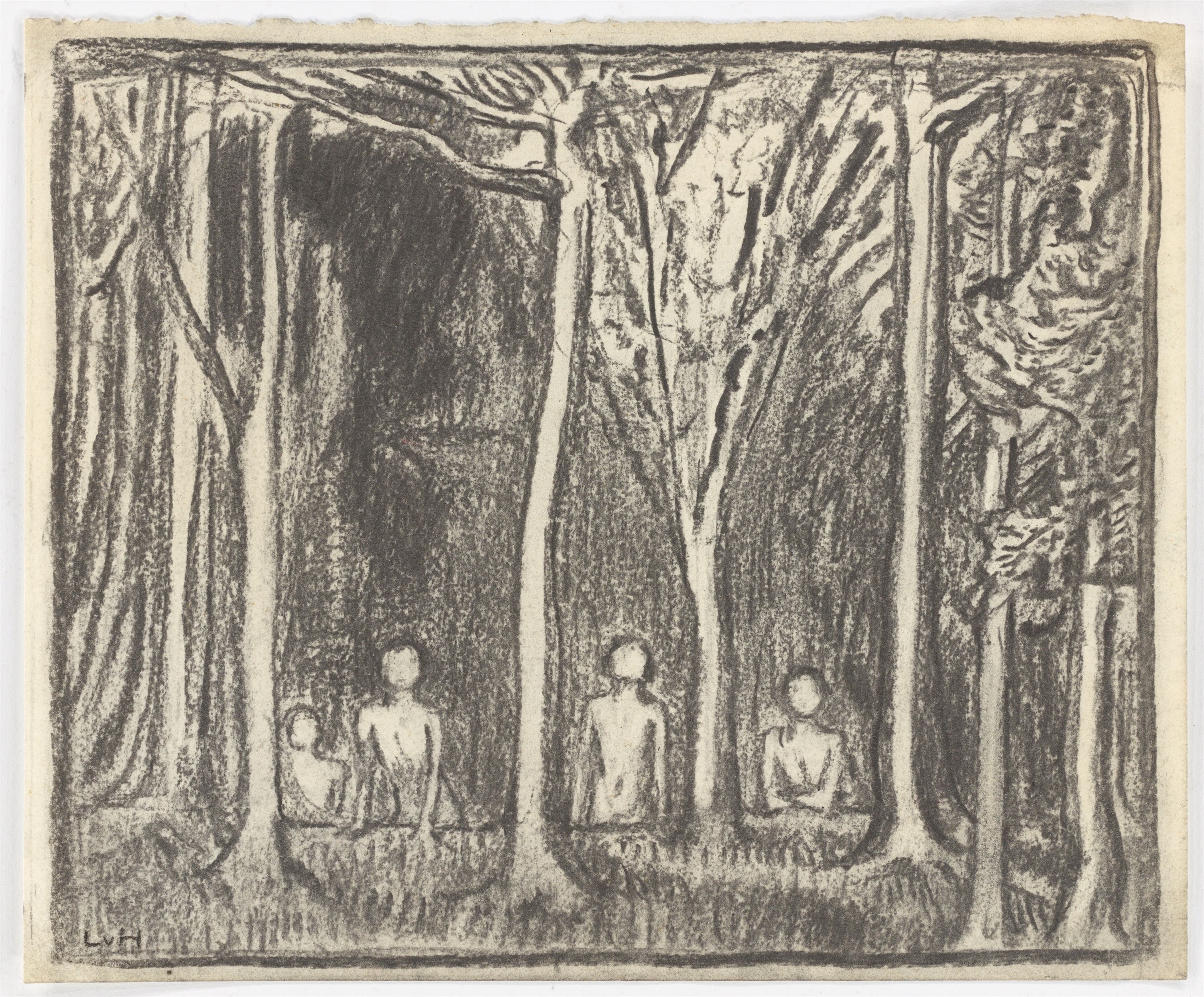 Artwork by Ludwig von Hofmann, Four nudes at eh edge of the forrest., Made of Charcoal on paper