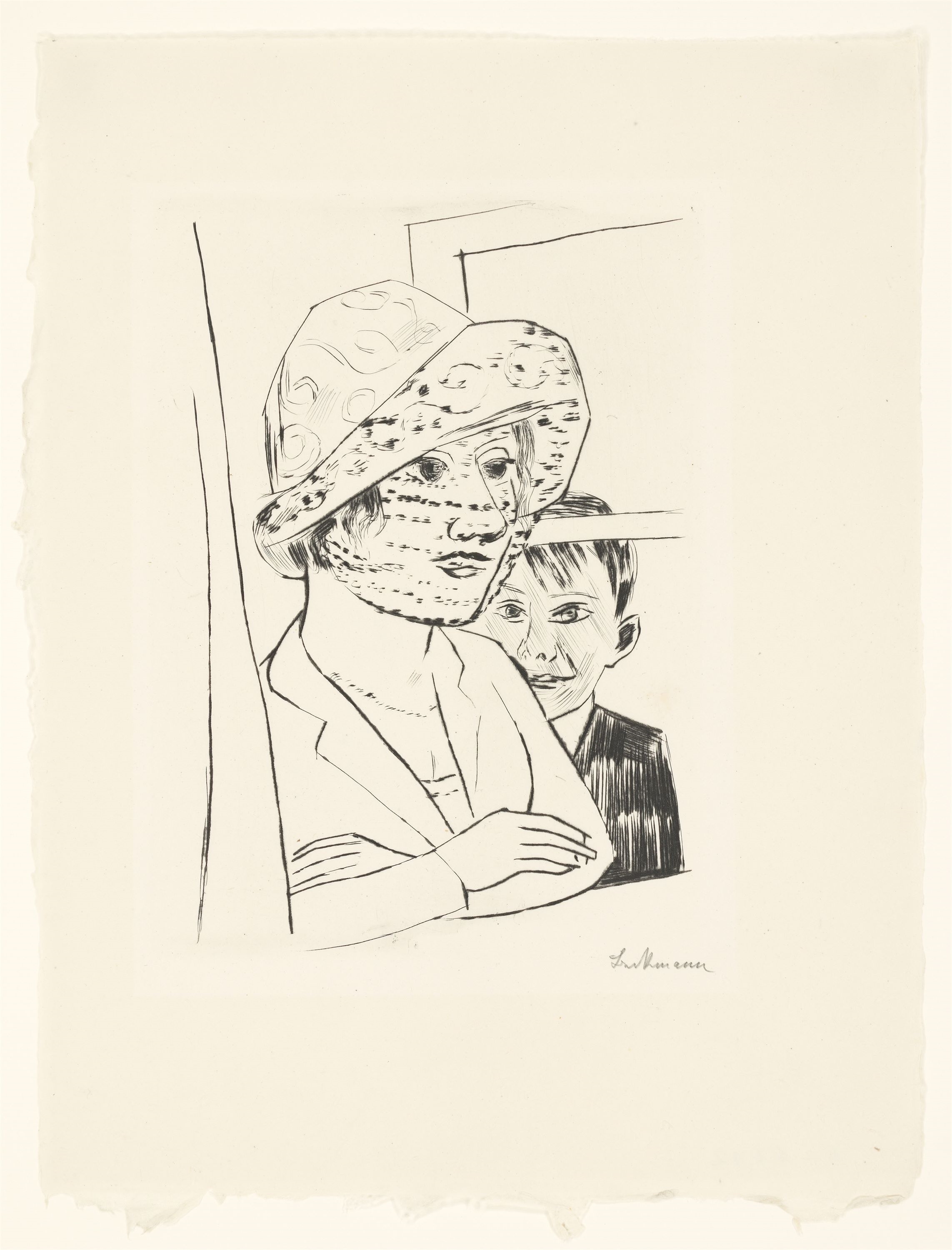 Artwork by Max Beckmann, ”Dame mit Knabe”., Made of Drypoint on Japan paper