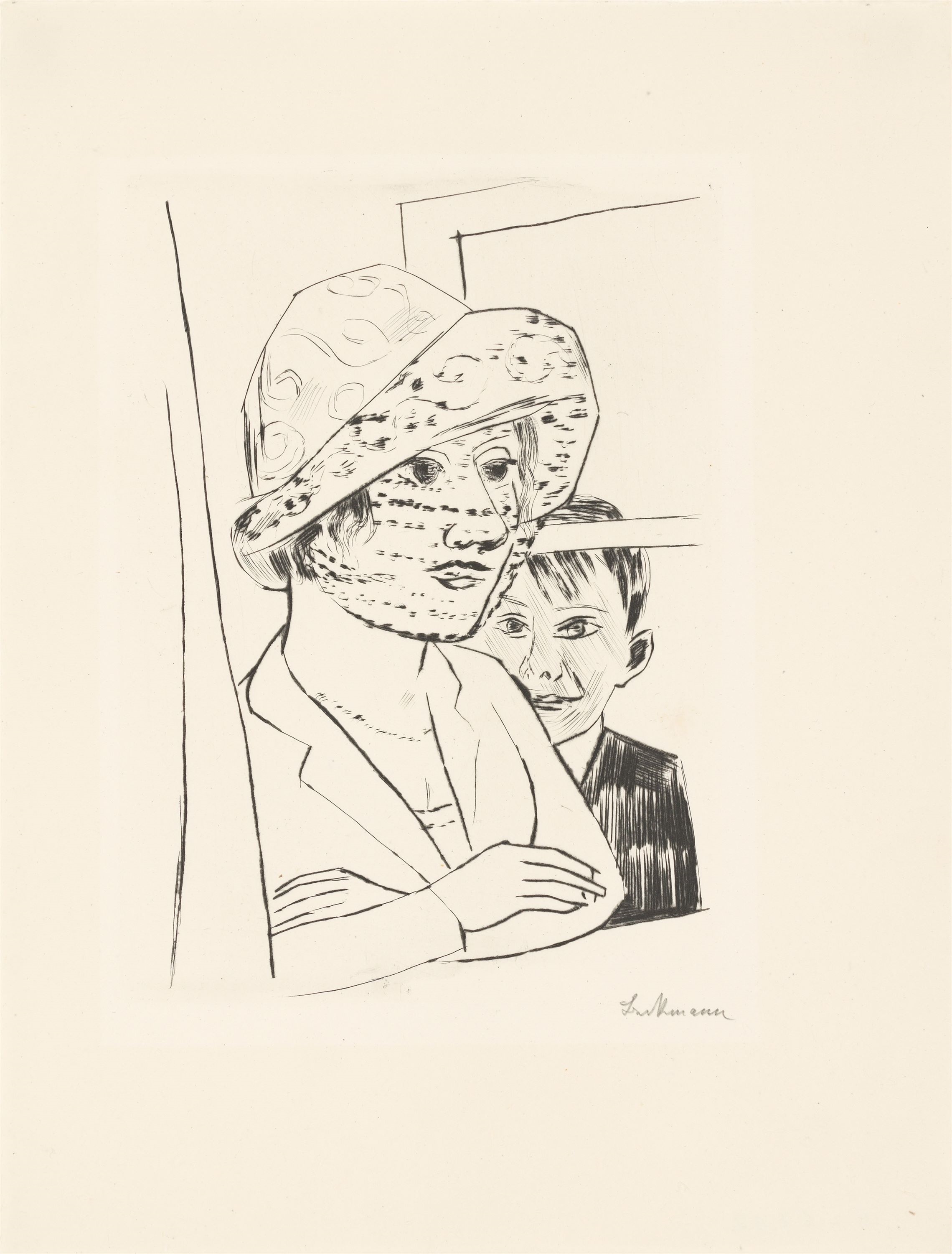 Artwork by Max Beckmann, ”Dame mit Knabe”., Made of Drypoint on Japan paper