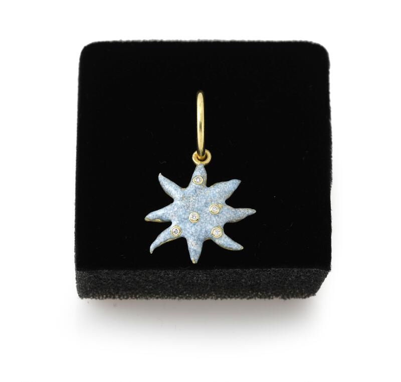 Artwork by Klara Lilja, Sara Jin Mi, An 18 carat gold earring with detachable pendant with enamel and brillant-cut diamonds, Made of light blue enamel
