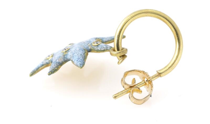 Artwork by Klara Lilja, Sara Jin Mi, An 18 carat gold earring with detachable pendant with enamel and brillant-cut diamonds, Made of light blue enamel