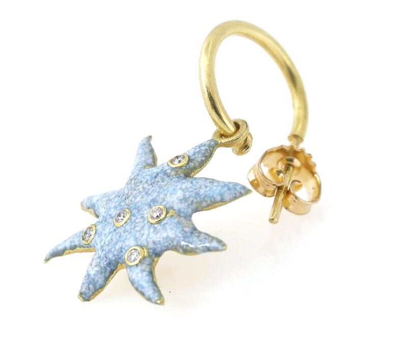 Artwork by Klara Lilja, Sara Jin Mi, An 18 carat gold earring with detachable pendant with enamel and brillant-cut diamonds, Made of light blue enamel