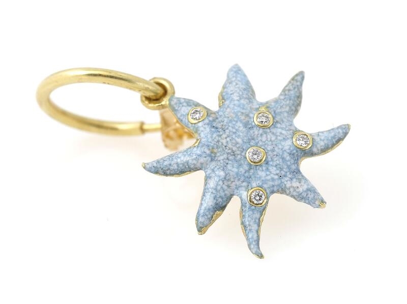 Artwork by Klara Lilja, Sara Jin Mi, An 18 carat gold earring with detachable pendant with enamel and brillant-cut diamonds, Made of light blue enamel