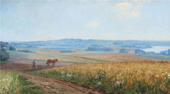Landscape with horses and a farmer by Emma Meyer
