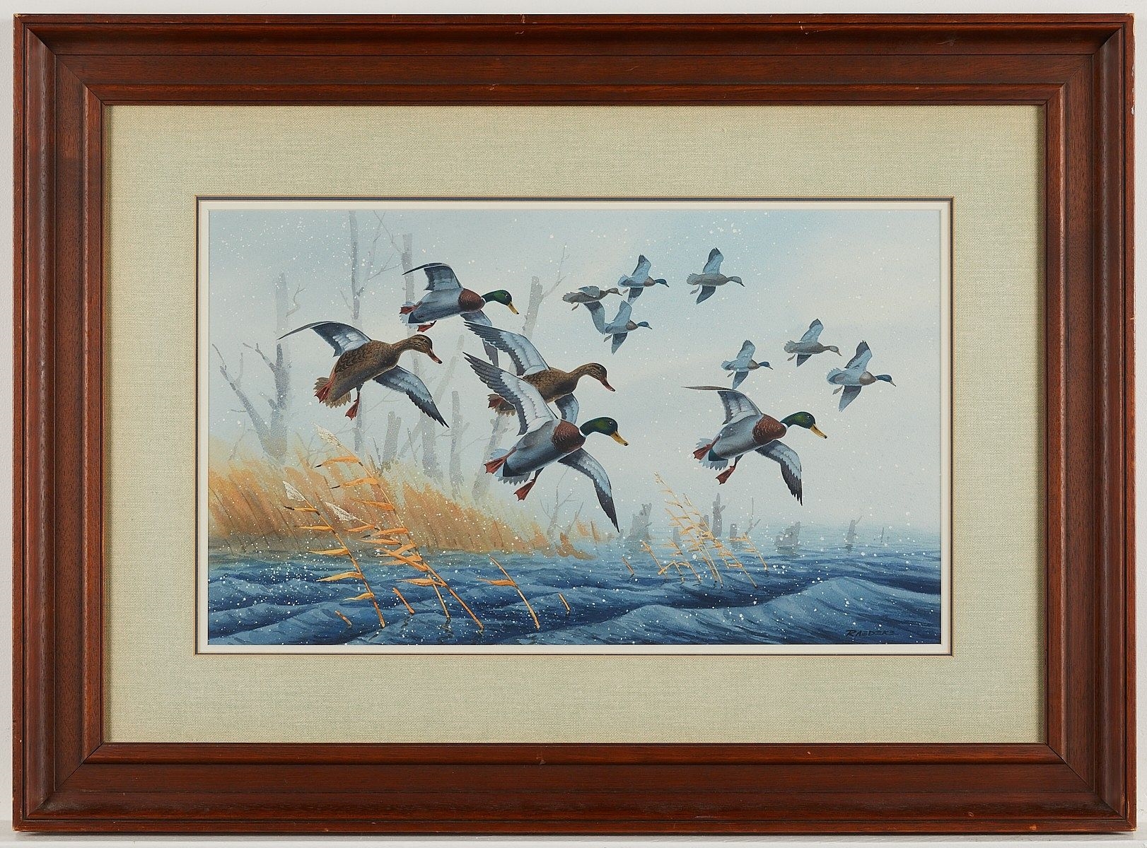 Jerry Raedeke | Landscape with ducks flying away in a wetland | MutualArt