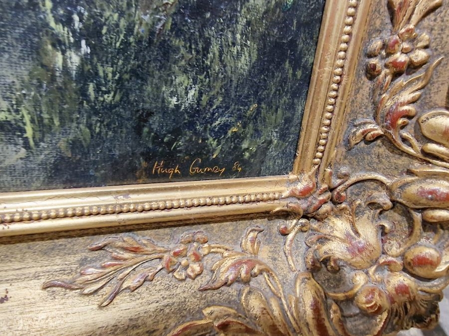 Artwork by Hugh Gurney, Hinds Going to Cover, Made of oil on board