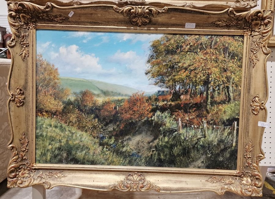 Artwork by Hugh Gurney, Hinds Going to Cover, Made of oil on board