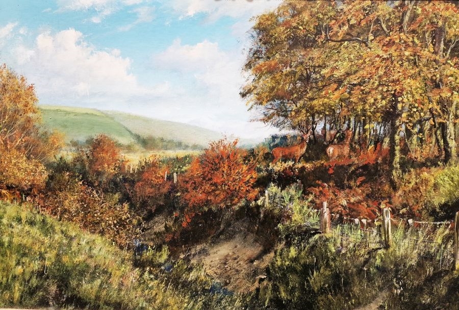 Artwork by Hugh Gurney, Hinds Going to Cover, Made of oil on board