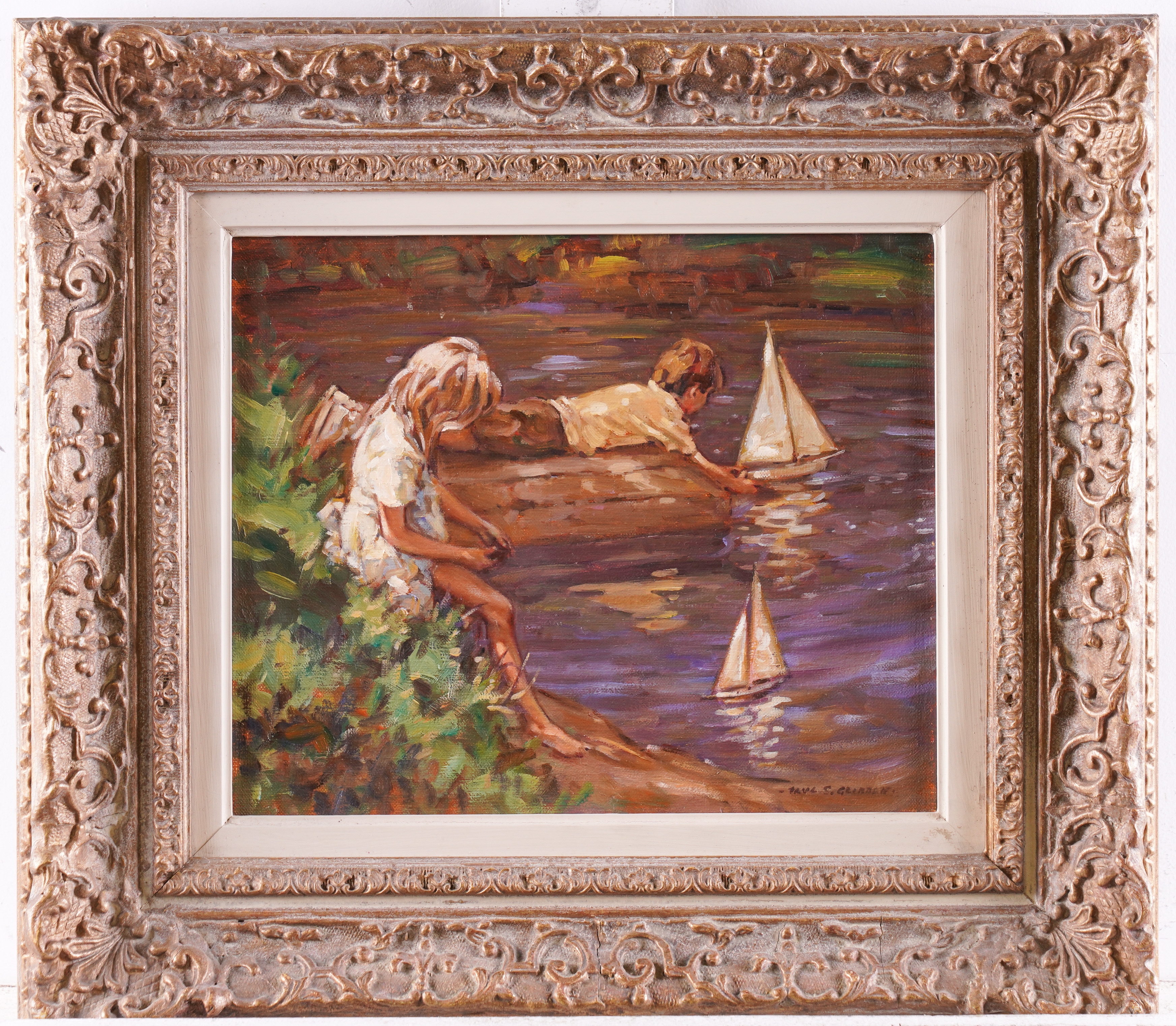Artwork by Paul S. Gribble, A boy and girl playing with pond yachts, Made of oil on canvas