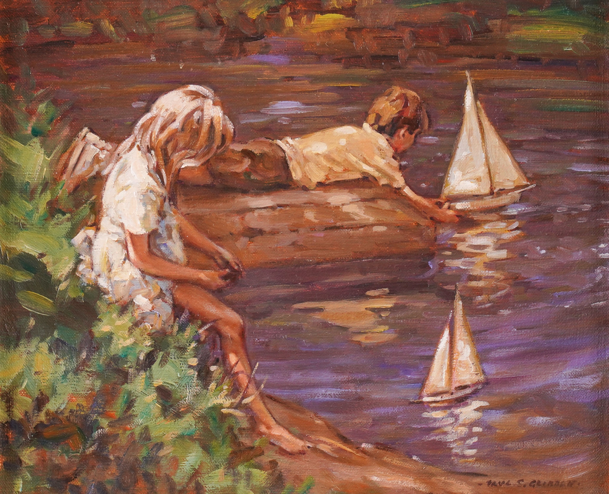 Artwork by Paul S. Gribble, A boy and girl playing with pond yachts, Made of oil on canvas